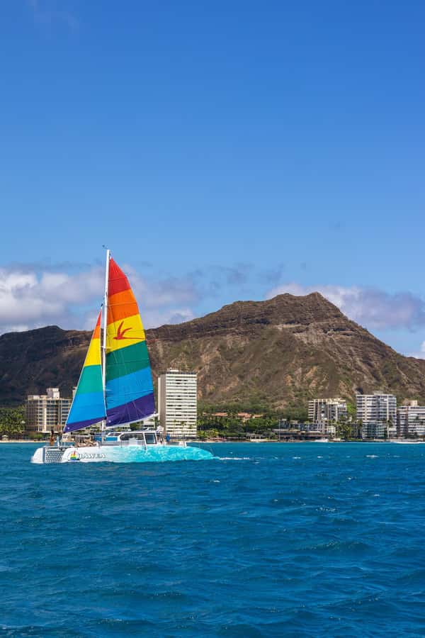 Board from Waikiki Beach for our Aloha Hour Sail - The 90-Minute Timeline: Waikiki Out, Diamond Head Back