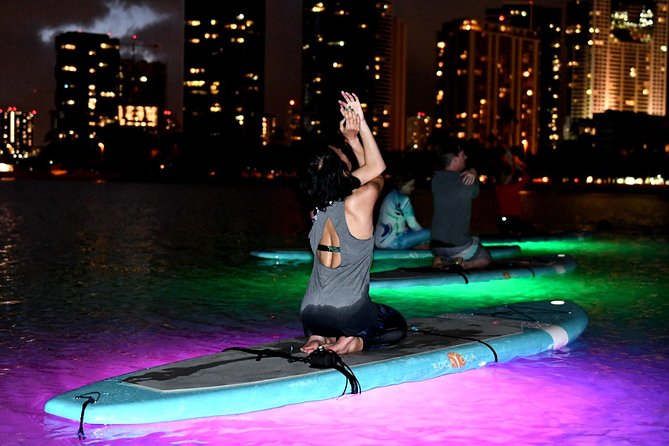 Night SUP Yoga in Honolulu, Hawaii - The Views: Illuminated Water, City Lights, and Stars Over Oahu